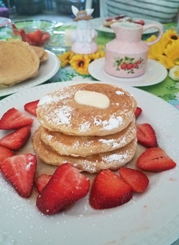 Homemade Vegan Pancake Stack with strawberries