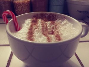 homemade soy latte with a candy cane