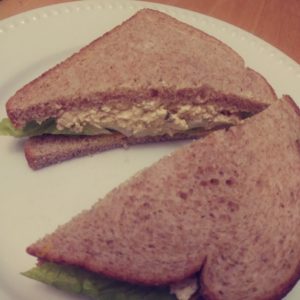 Tofu egg sandwich cut in half