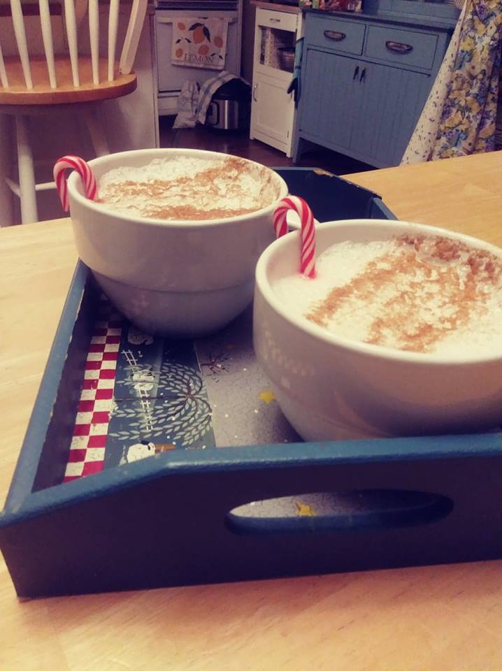 homemade soy lattes on a tray with candy canes