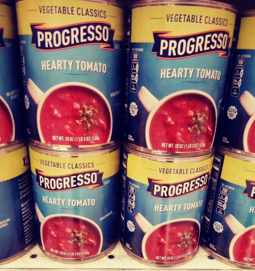 Progresso soup cans, all hearty tomato
