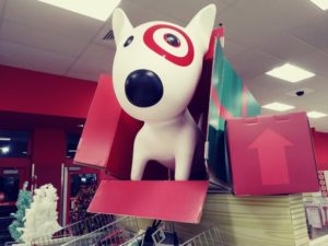 Target large dog display inside a wrapped Christmas box