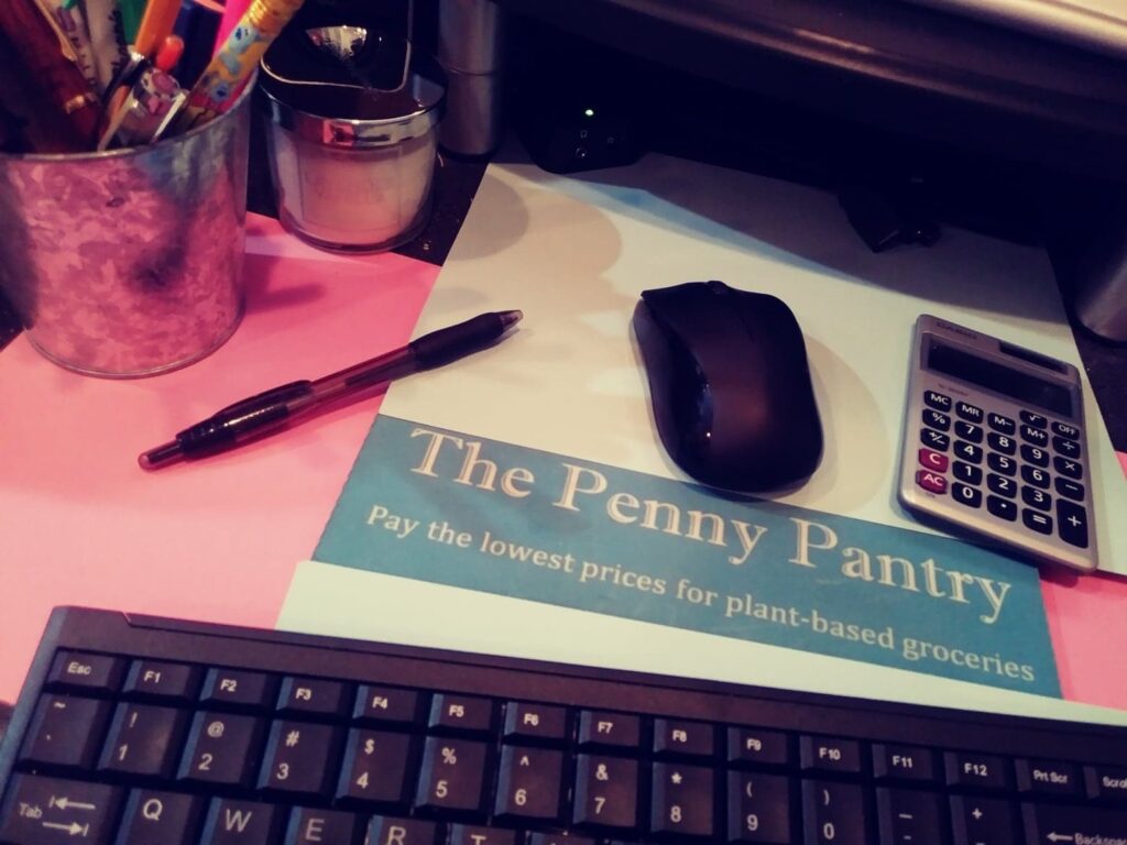 my work desk with The Penny Pantry mousepad, keyboard