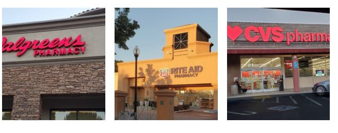Collage of Walgreen's, Rite Aid & CVS storefronts