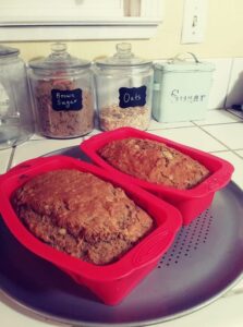 2 loaves of banana bread in silicone pans