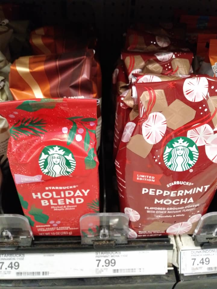 bags of Starbucks holiday blend and peppermint mocha coffees
