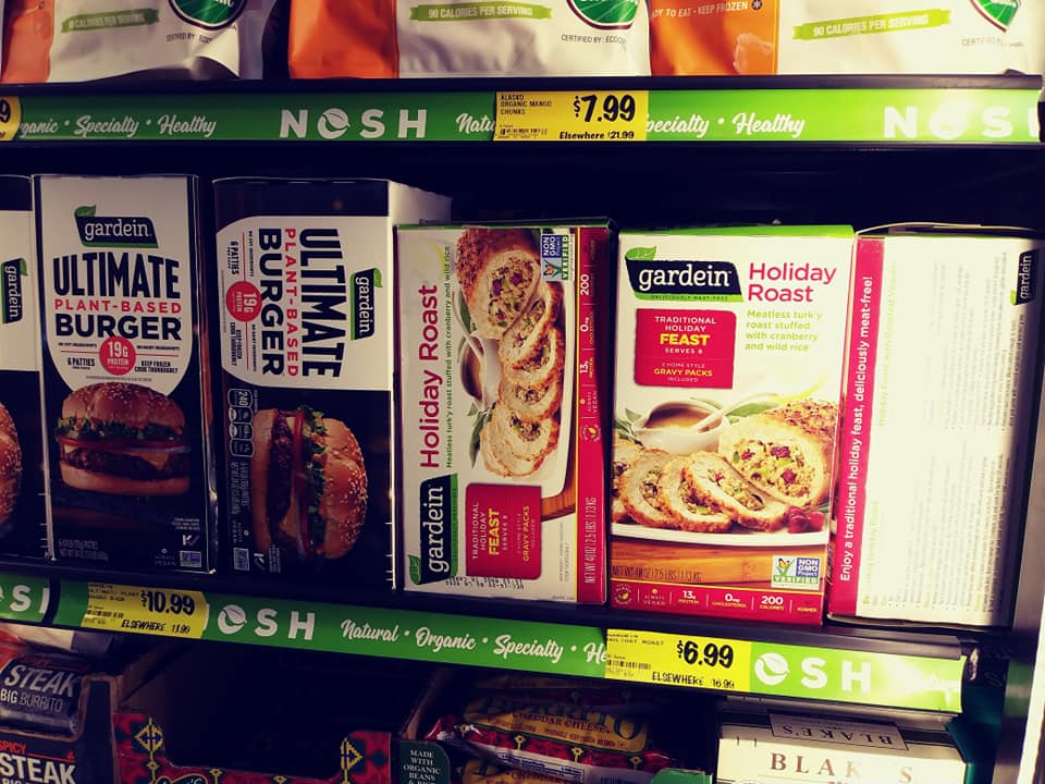 Vegan meats at Grocery Outlet, Gardein Ultimate burgers and Gardein holiday roast