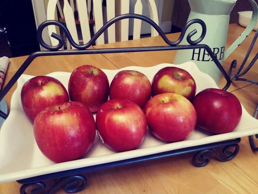 Fuji apples in a decorative tray on my dining table