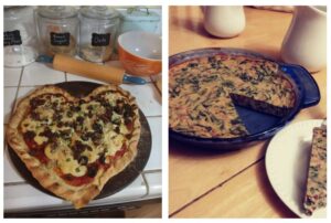 collage heart pizza and tofu spinach quiche