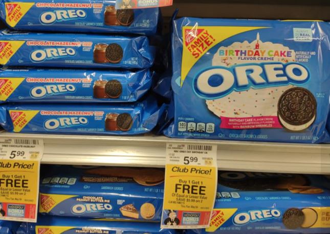 Oreos Birthday Cake flavor and other assorted family sized ones on shelf