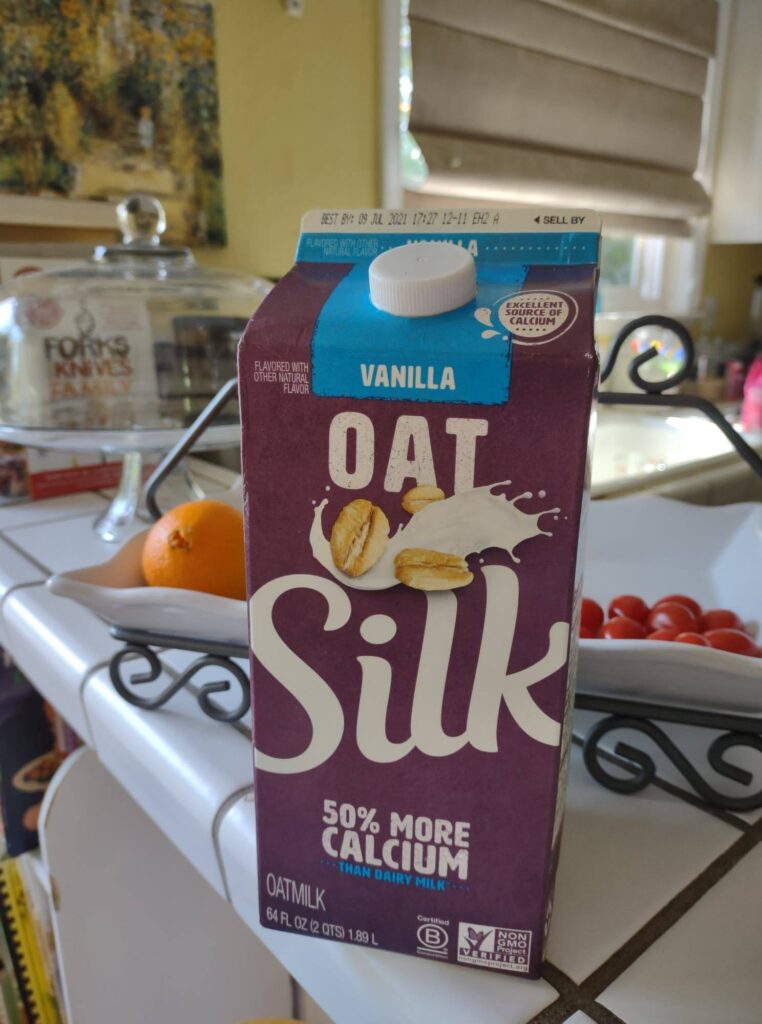 Silk vanilla oatmilk carton on my counter