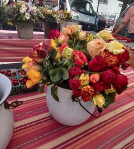 Roses at the Farmers Market in a white metal container