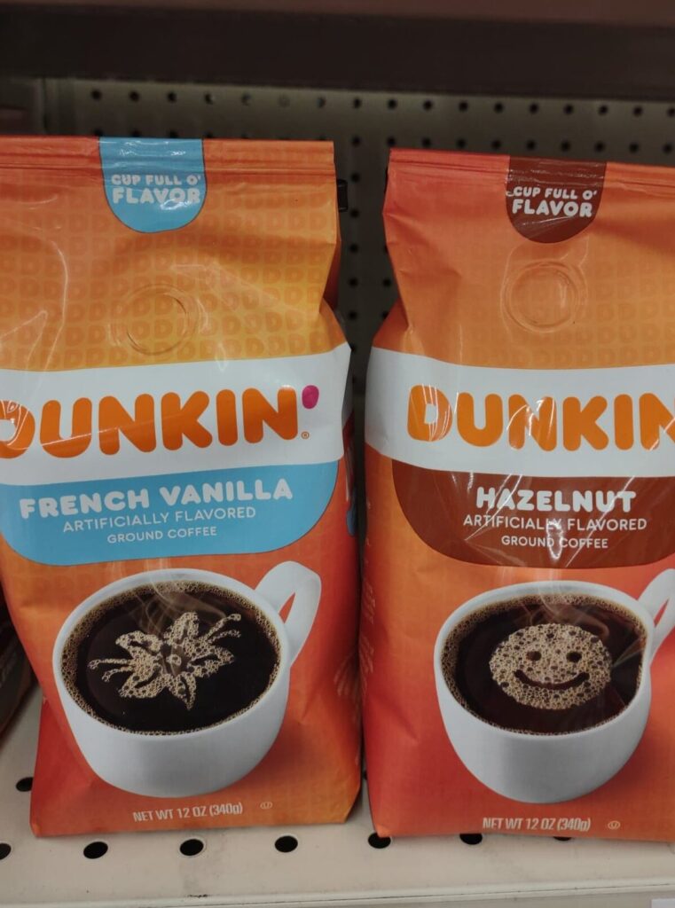 Dunkin' hazelnut and French vanilla coffee bags