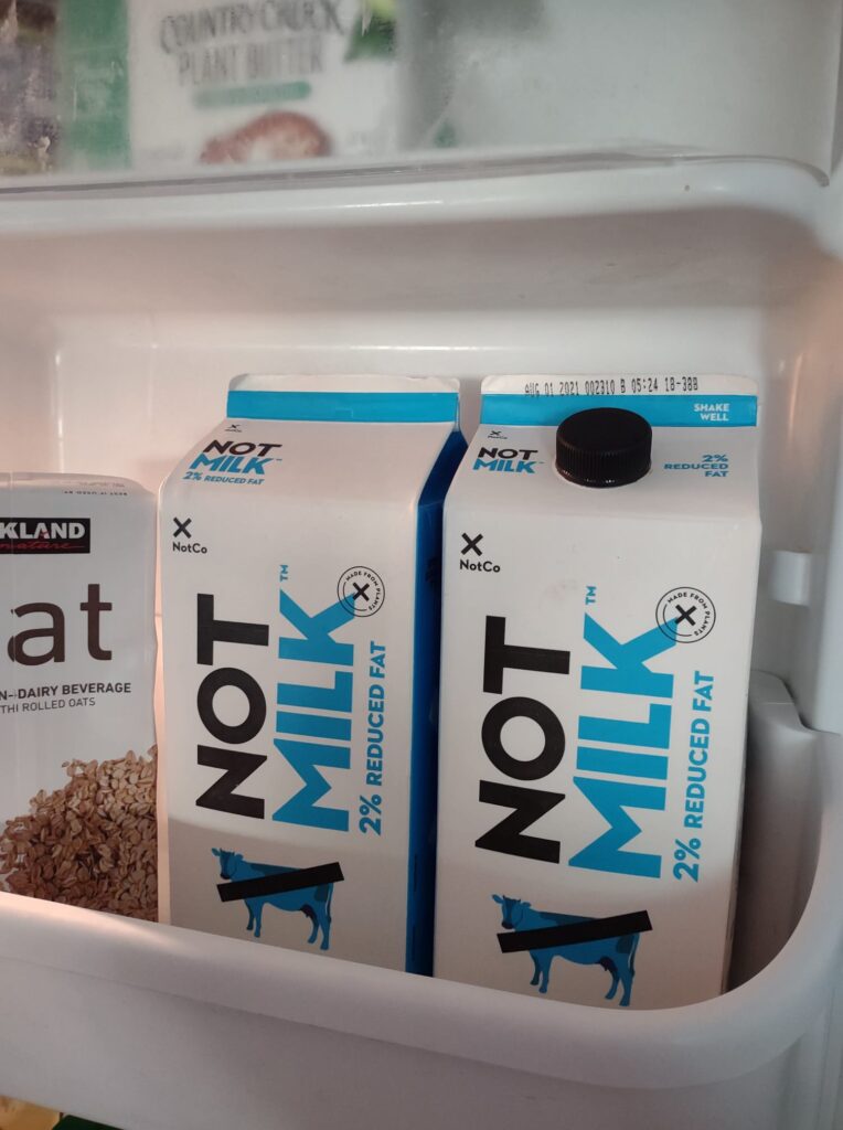 Two cartons of Not Milk in my fridge