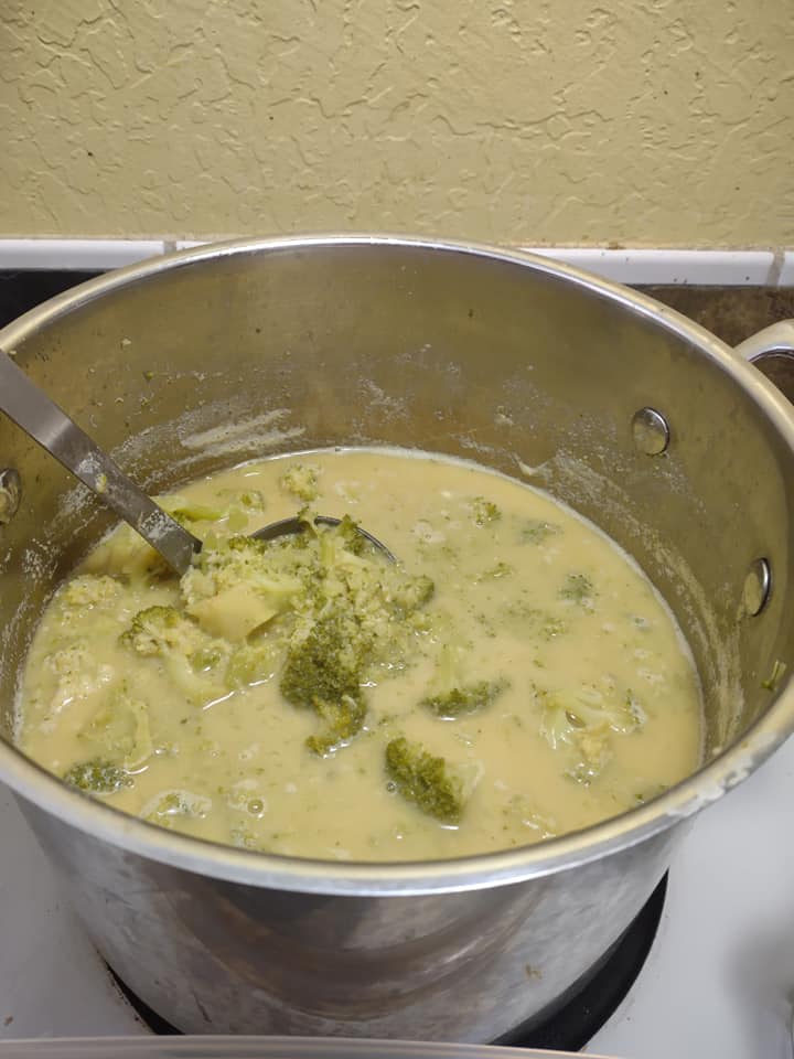 Pot of vegan broccoli cheese soup