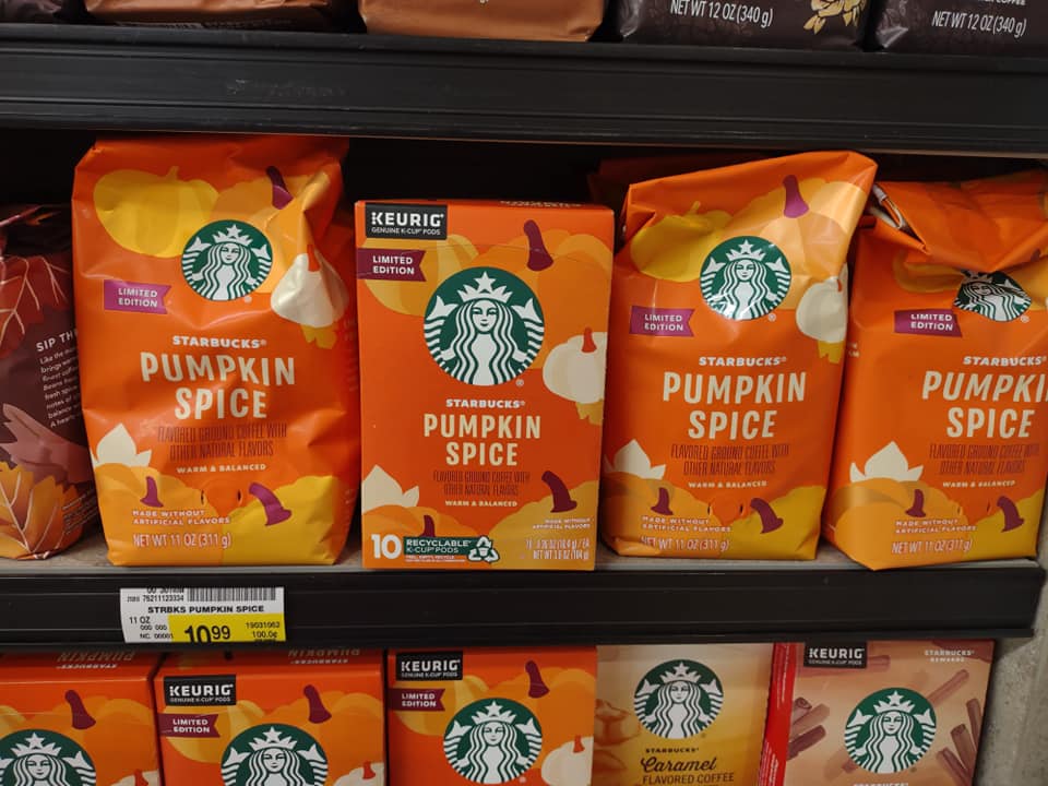 Starbucks pumpkin spice coffee bags and k-cups