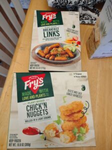 Fry;s plant-based meats, sausages and nuggets boxes on my table