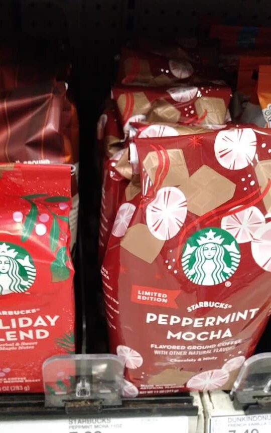 Starbucks bags of holiday and peppermint mocha coffees