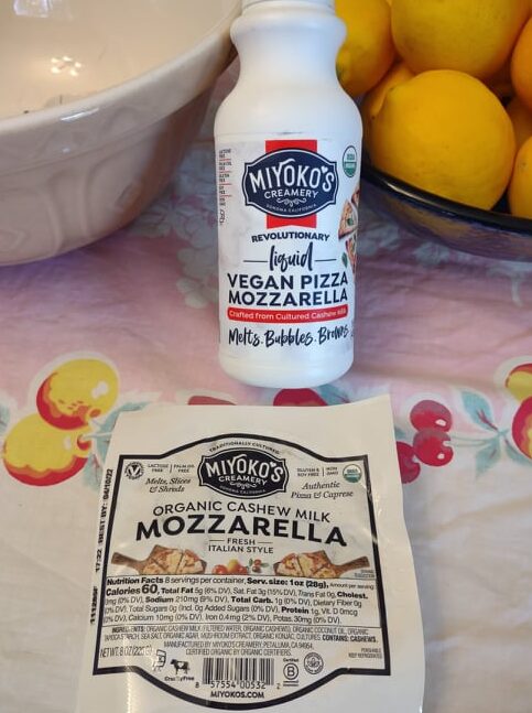 Miyoko's liquid cheese bottle and package of fresh mozzarella