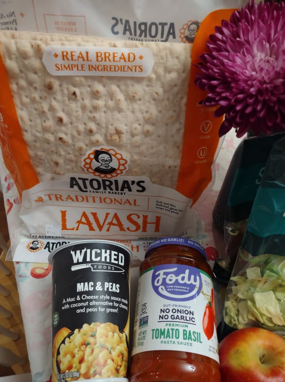 Sprouts trip free items, Wicked Mac and Peas, Atoria's lavash bread, Fody tomato basil sauce