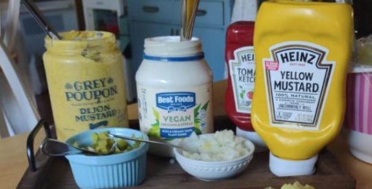 condiment tray with Best Foods vegan mayo, Heinz catsup