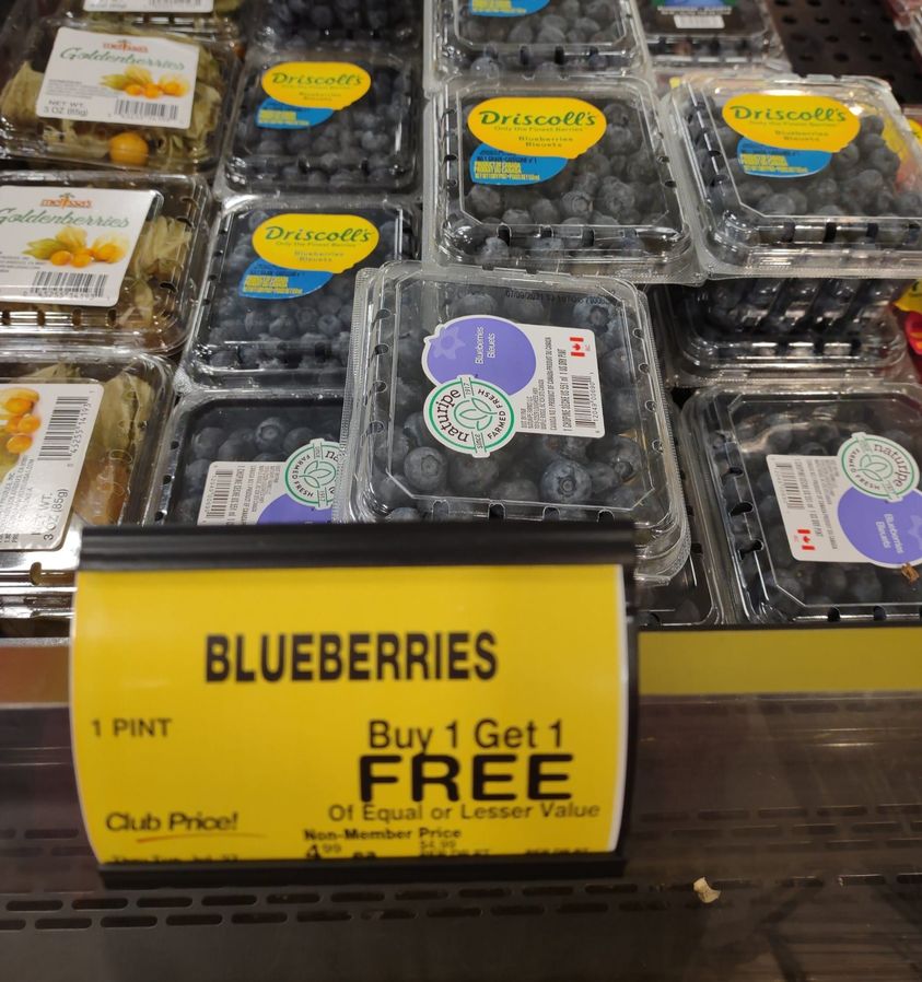blueberries marked buy 1 get 1 free