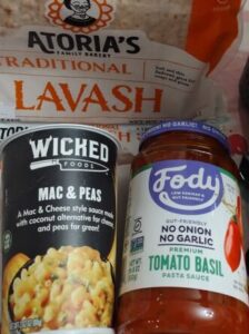 Sprouts trip free items, Wicked Mac and Peas, Atoria's lavash bread, Fody tomato basil sauce