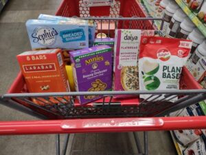 Grocery Outley cart with vegan groceries