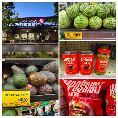 Collage with Safeway storefront, watermelons, avocados, Lindsay olives and Impossible patties