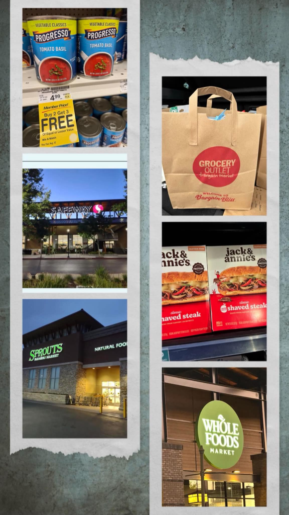 Collage with Progresso soup, Jack & Annie's shaved steak, and Safeway, Sprouts, Grocery Outlet & Whole Foods store fronts