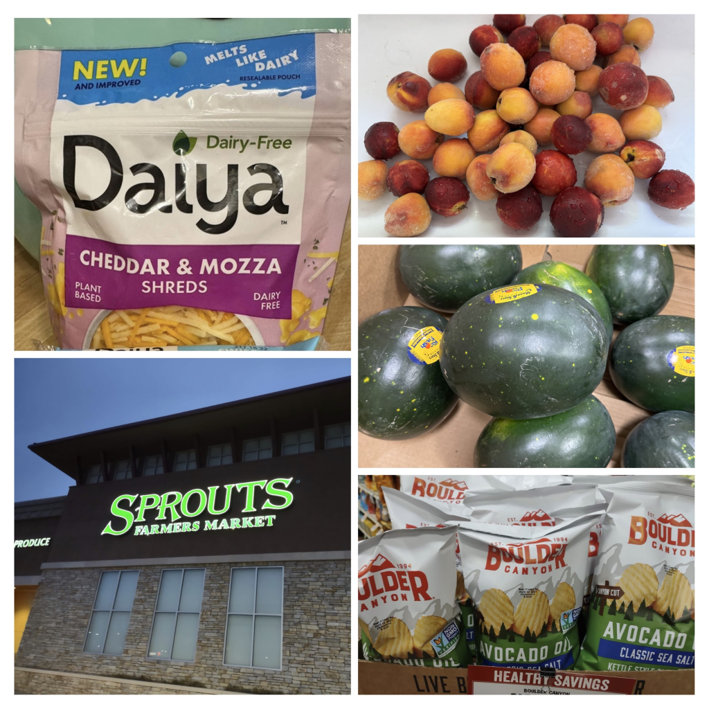 collage with Daiya cheddar and mozz shreds, peaches and nectarines, moon and stars watermelon, Boulder Canyon chip bags