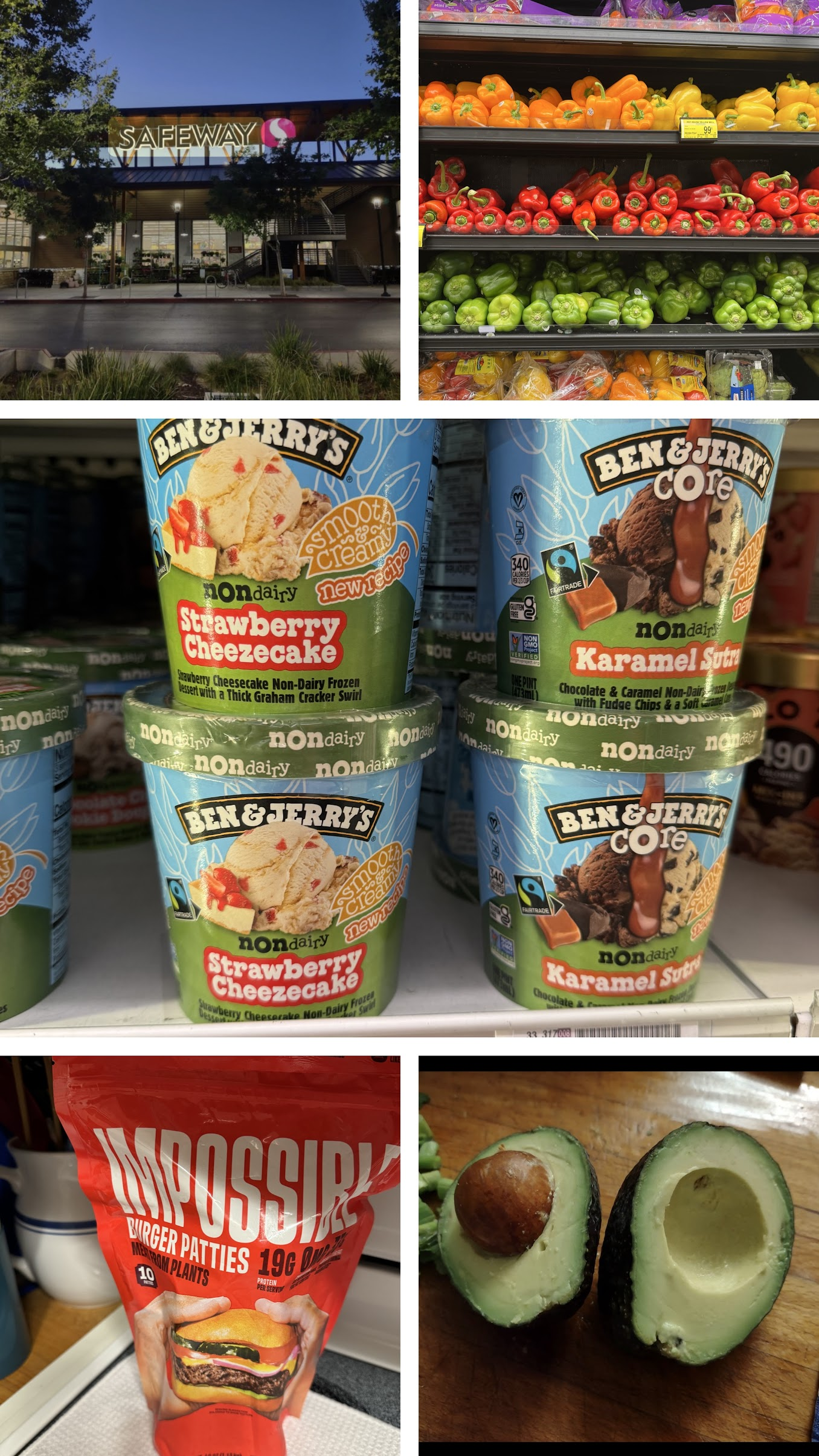 Collage with Safeway sign, multicolored peppers, ben & Jerry's non-dairy ice ceam, Impossible burger patties, avocado halves