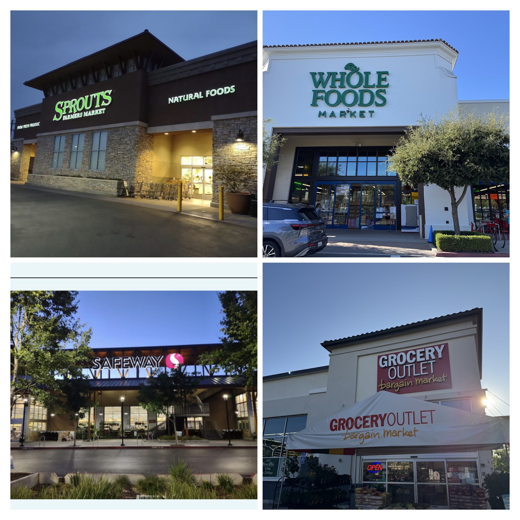 Storefronts of Grocery Outlet, Whole Foods, Safeway and Sprouts