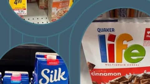 Collage with Life Cereal, Quaker Instant Oats, Silk Almond Milk