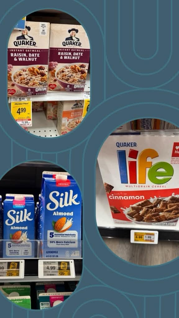 Collage with Life Cereal, Quaker Instant Oats, Silk Almond Milk
