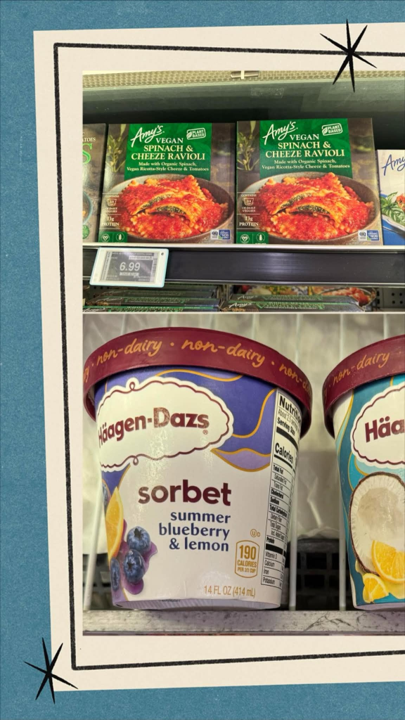 Collage with Amy's frozen vegan ravioli and Haagen Dazs Sorbets