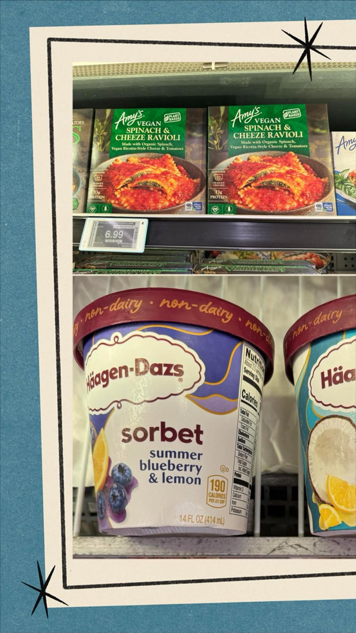 Collage with Amy's frozen vegan ravioli and Haagen Dazs Sorbets